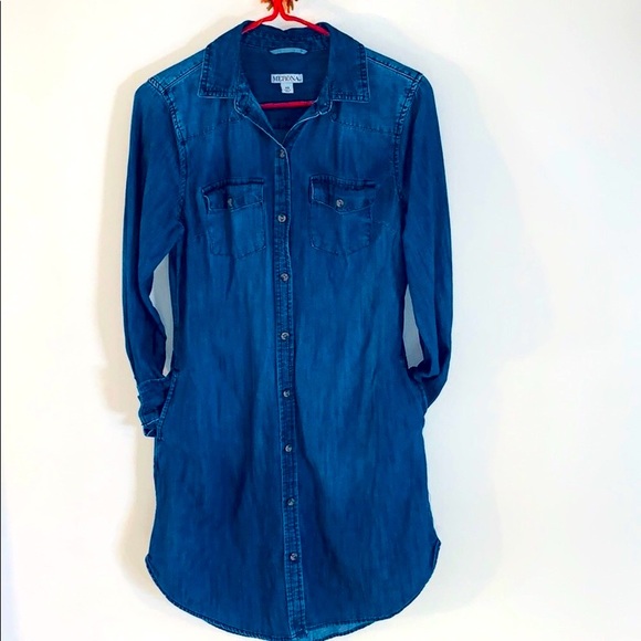 Merona | Denim Long Sleeve Collared Dress | Button Down With Pockets | Fitted - Picture 8 of 9